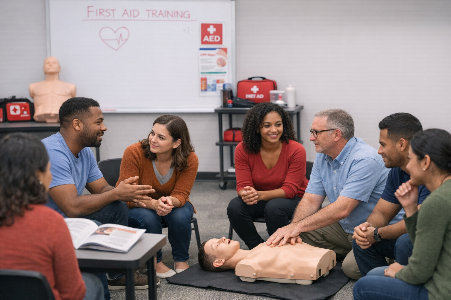 Group of learners participating in a hands-on CPR training session