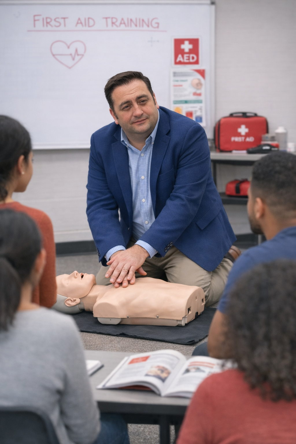 Neil Bevan demonstrating CPR techniques during a first aid training session
